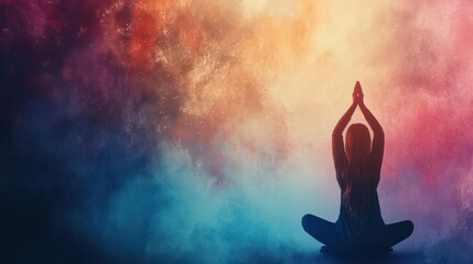 Background features a silhouette of a woman immersed in yoga or meditation, leaving ample space for accompanying text