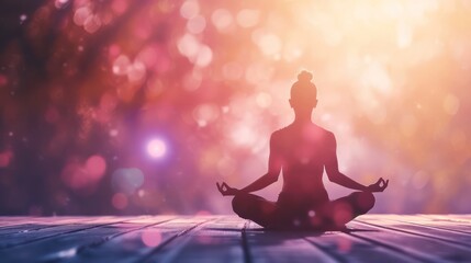 Silhouette of a woman in a yoga or meditation pose against the background, providing ample space for additional text - obrazy, fototapety, plakaty