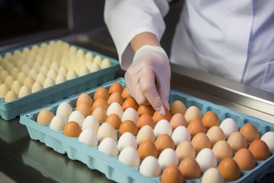 Approach poultry eggs accurately. Worker with gloves carefully stacks food. Generate AI