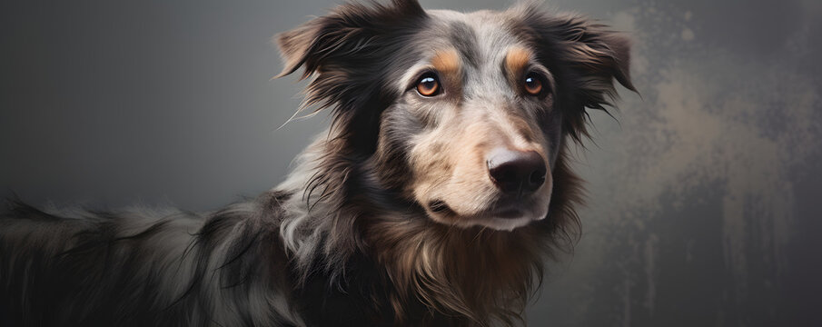 Almation dog in pet photo portrait with grey back grounds