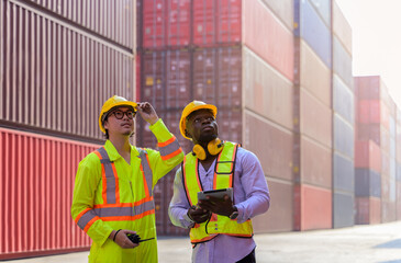 Two men standing at cargo shipping yard and checking on loading containers . Asian man worker holding walkie-talkie while African engineer holding digital tablet.
