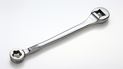 a solitary wrench, its metallic body reflecting the ambient light against the clean white background,  