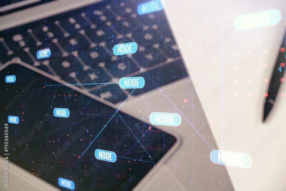 Aufkleber Multi exposure of abstract creative coding sketch on modern laptop background, artificial intelligence and neural networks concept