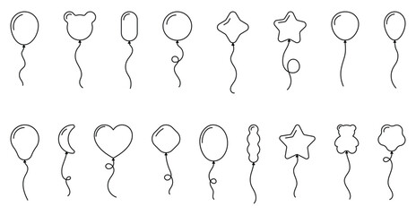 Balloon outline icons with string in line cartoon style. Different shapes for birthday, party, wedding. Black contour of balloons silhouettes. Vector - obrazy, fototapety, plakaty