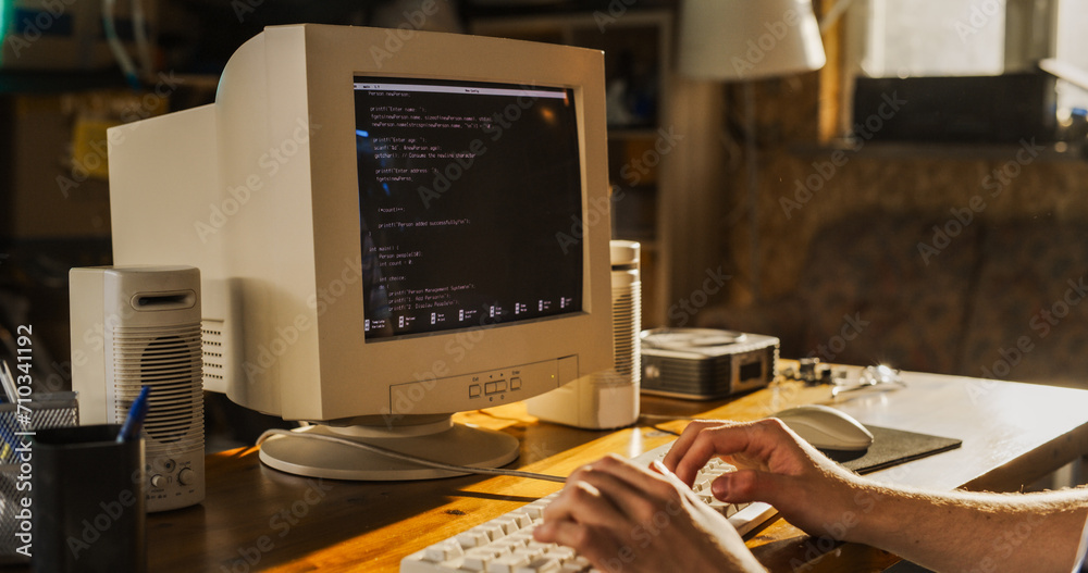 Poster Caucasian Male College Student Using Old Desktop Computer In Nineties Retro Garage. Young Programmer Connecting World Wide Web Via Early Internet Software, Exploring Global Network.