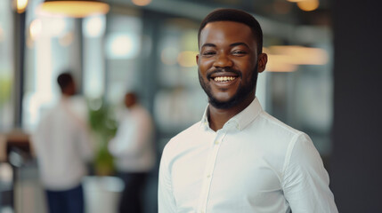 Obraz premium Portrait of a handsome smiling black businessman boss standing in his modern business company office.