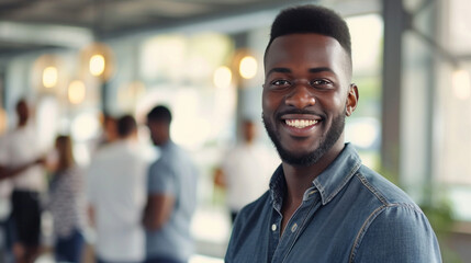 Obraz premium Portrait of a handsome smiling black businessman boss standing in his modern business company office.