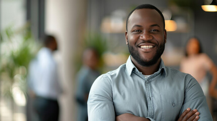 Obraz premium Portrait of a handsome smiling black businessman boss standing in his modern business company office.