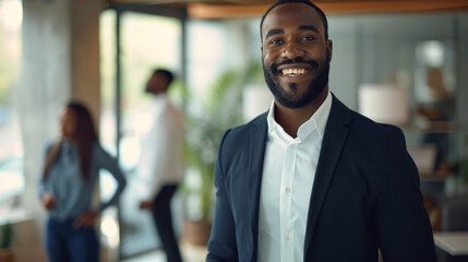 Naklejka premium Portrait of a handsome smiling black businessman boss standing in his modern business company office.