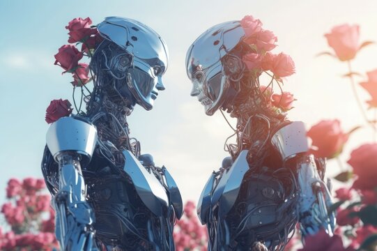 Futuristic robots relationship. Humanoid and romantic cyborgs with beautiful flowers. Generate AI