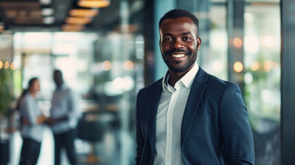 Fototapeta premium Portrait of a handsome smiling black businessman boss standing in his modern business company office.