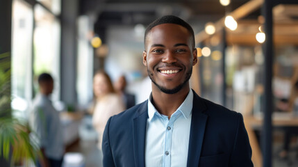 Portrait of a handsome smiling black businessman boss standing in his modern business company office. - obrazy, fototapety, plakaty