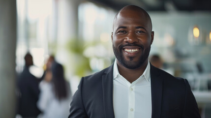 Portrait of a handsome smiling black businessman boss standing in his modern business company office.