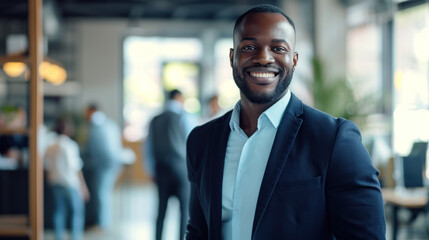 Portrait of a handsome smiling black businessman boss standing in his modern business company office. - 710341559