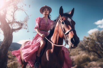 Fototapeta premium Girl pink dress horse. Young and elegance woman with stylish outfit. Generate AI