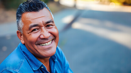 A 50-years-old latino man in blue shirt smiling