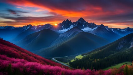  Mountains come alive with magical colors at sunset.