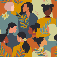 Women seamless pattern. People of different nationalities form a festive spring banner. 