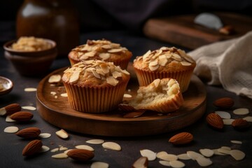 Homemade almond cake. Wonderful and appetizing muffins wooden plate. Generate AI