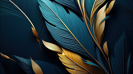 luxury blue leaves and gold leaves, A bunch of leaves with gold foil on them. This elegant, nature-inspired design is perfect for invitations, greeting cards, stationery, and branding materials