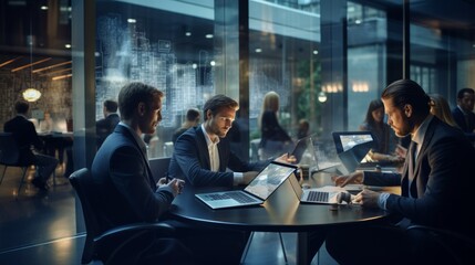 A group of business people in suits working with laptops at a table at a meeting in a conference room.