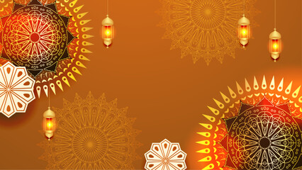 Orange red and gold vector background template for islamic ramadan celebration with mandala ornaments. Ramadan luxury golden background