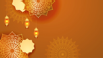 Orange red and gold vector realistic islamic ramadhan background set with lanterns with mandala ornament. Ramadan luxury golden background