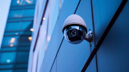 Futuristic Urban Surveillance with Dome Security Camera Against Blue Glass Skyscraper Facade