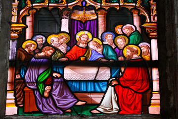 Saint Leonard church.  Stained glass. Passion of Christ. The last supper. Jesus and his apostles. ...