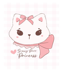 Cute coquette cat face with Valentine fluffy white kitten adorned with pink ribbon bow.