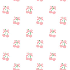 Cute coquette cherries adorned with pink ribbon bow pattern seamless isolated on white background.