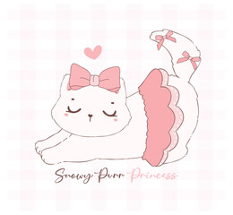 Cute coquette cat with Valentine fluffy white kitten adorned with pink ribbon bow.