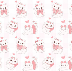 Fototapeta premium Cute coquette cats with Valentine fluffy white kitten adorned with pink ribbon bow pattern seamless isolated on white background.