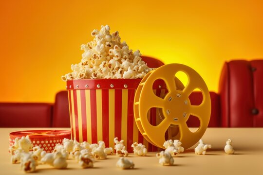 Film reel with popcorn bucket. Cinema movie watching cozy ambiance. Generate ai
