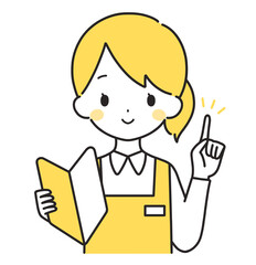 黄色｜初心者マークを持つ女性店員｜指差し