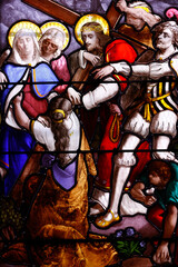Fototapeta premium Saint Leonard church. Stained glass. Way of the cross. Sation 4. Jesus meets his Mother. Honfleur. France.