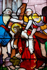 Fototapeta premium Saint Leonard church. Stained glass. Way of the cross. Station 7. Jesus falls for the second time. Honfleur. France.