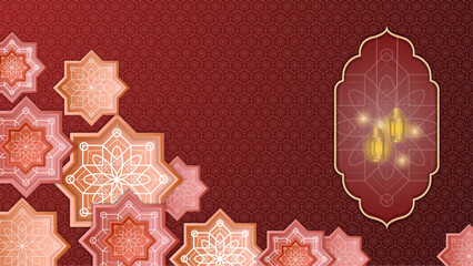 Red peach and pink vector background for islamic ramadan celebration with mandala ornament. Islamic middle east Arabic luxury golden ornament background