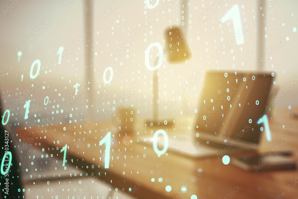 Aufkleber Creative abstract binary code sketch on modern laptop background, hacking and matrix concept. Multiexposure