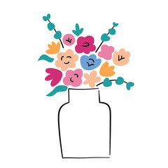 Ceramic vase with flower bouquet, flowerpot icon, vector illustration of beautiful floral composition, home decor with roses and eucalyptus leaves, modern interior design, florist arrangement