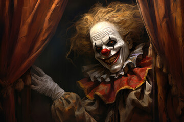 Frightful dangerous clown with a contorted smile, peeking out from behind a tattered curtain in a forgotten theater