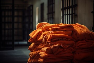 Orange robe prisoners clothes. Stack of prison detention tangerine clothing. Generate ai - obrazy, fototapety, plakaty