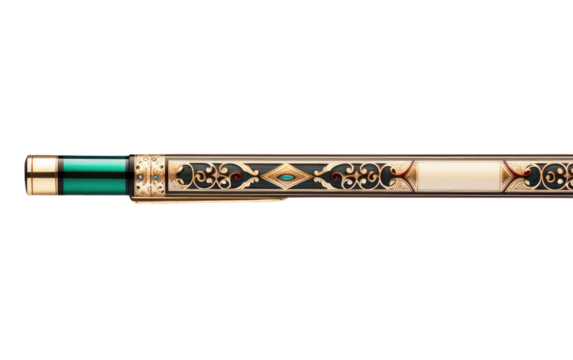 Snooker cue art design with golden, black and green color on white base On White or PNG Transparent Background.