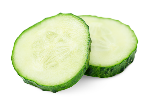 two cucumber slices on a white isolated background