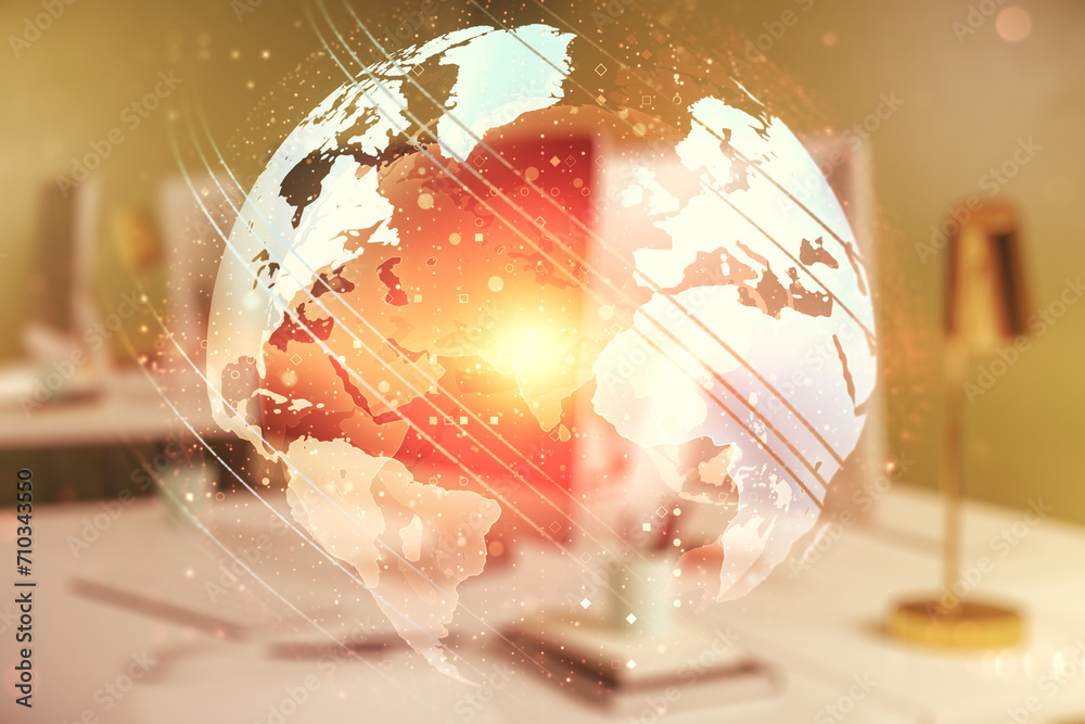 Aufkleber multi exposure of abstract graphic world map on computer background, connection and communication co