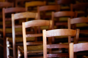 Saint Augustin church. Empty chairs.  Deauville. France.