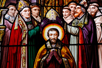 Fototapeta premium Saint Augustin church. Stained glass. Life of Saint Augustine of Hippo. Saint Augustine is crowned bishop. Deauville. France.