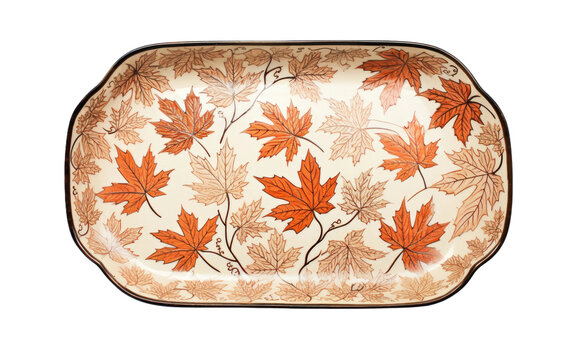 chinar leaf printed on tray with orange, brown and black color border On White or PNG Transparent Background.