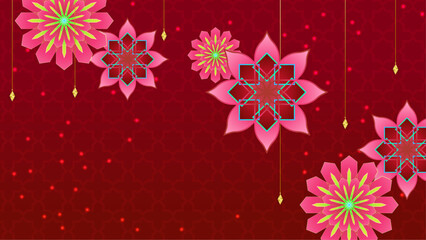 Obraz premium Red pink and green vector realistic islamic ramadhan background set with lanterns with mandala ornament. Mandala pattern star background