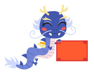 New year chinese dragon cartoon character holding a red banner vector illustration. Zodiac flat animal greeting